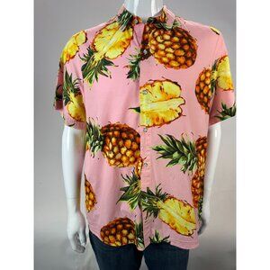 SSLR Mens Pineapple Print Short-Sleeve Button-Down Shirt L Cotton Tropical Hawai